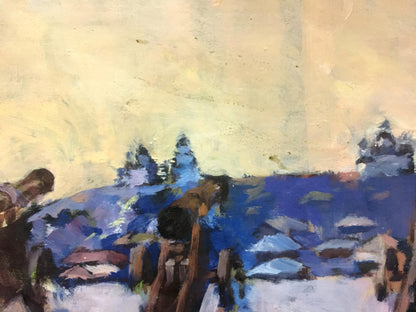 Impressionistic oil painting of snowy Central Park with blue trees under pale yellow sky