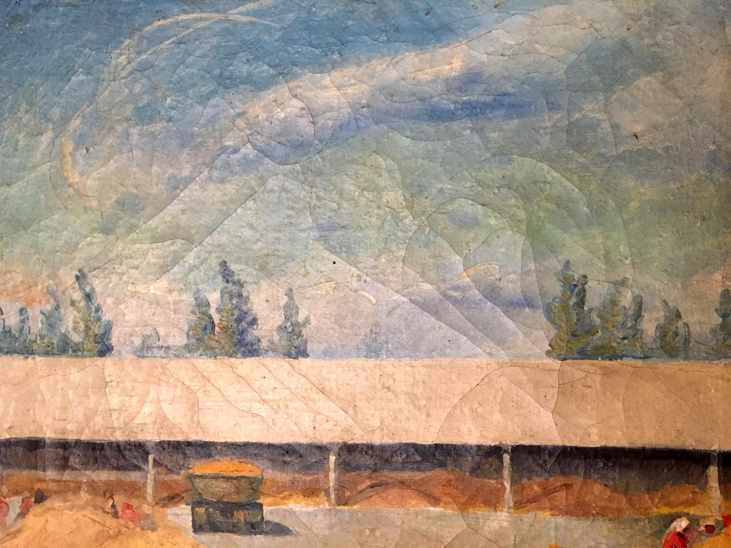 Weathered cracked rural oil painting in muted blues greens under cloudy sky, Oil painting Warehouses