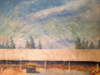 Weathered cracked rural oil painting in muted blues greens under cloudy sky, Oil painting Warehouses