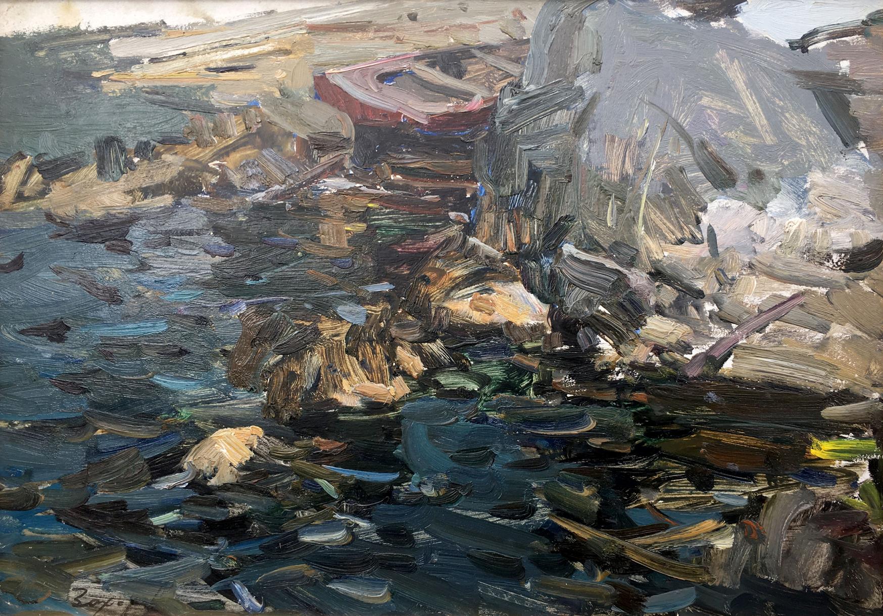 Weathered red boat on gray rocks in Fedor Zakharov Reeds oil painting
