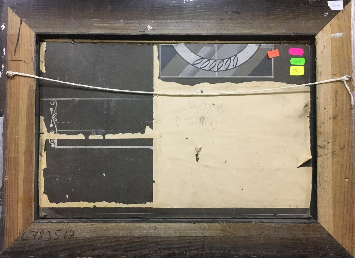 Back of Central Park oil painting in dark wood frame with colorful sticky notes