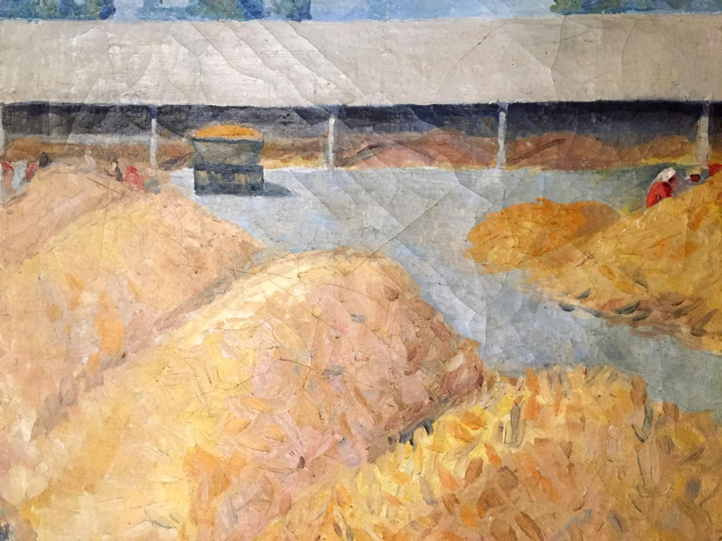 Golden-yellow hay bales in impressionistic Oil painting Warehouses