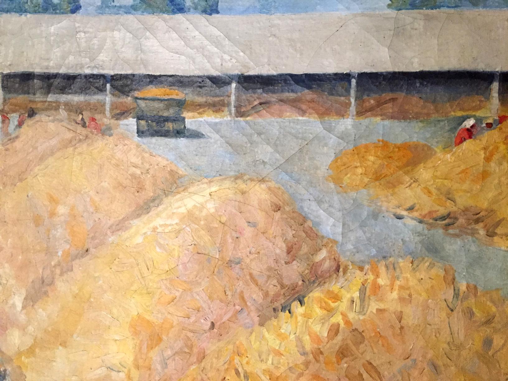 Golden-yellow hay bales in impressionistic Oil painting Warehouses
