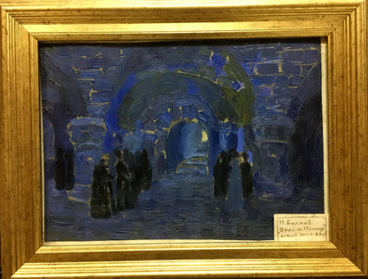 Oil painting Eros and Psyche by Volkov Nikolay in dimly lit stone corridor