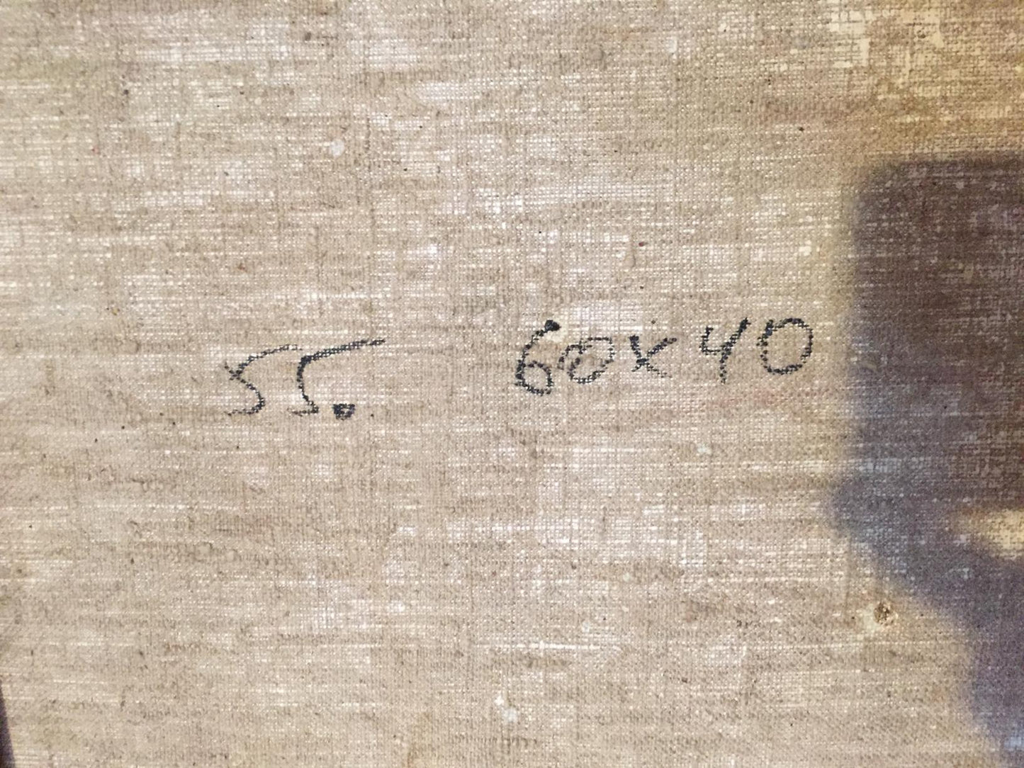 Back of Oil painting Warehouses: beige linen canvas with 55 markings