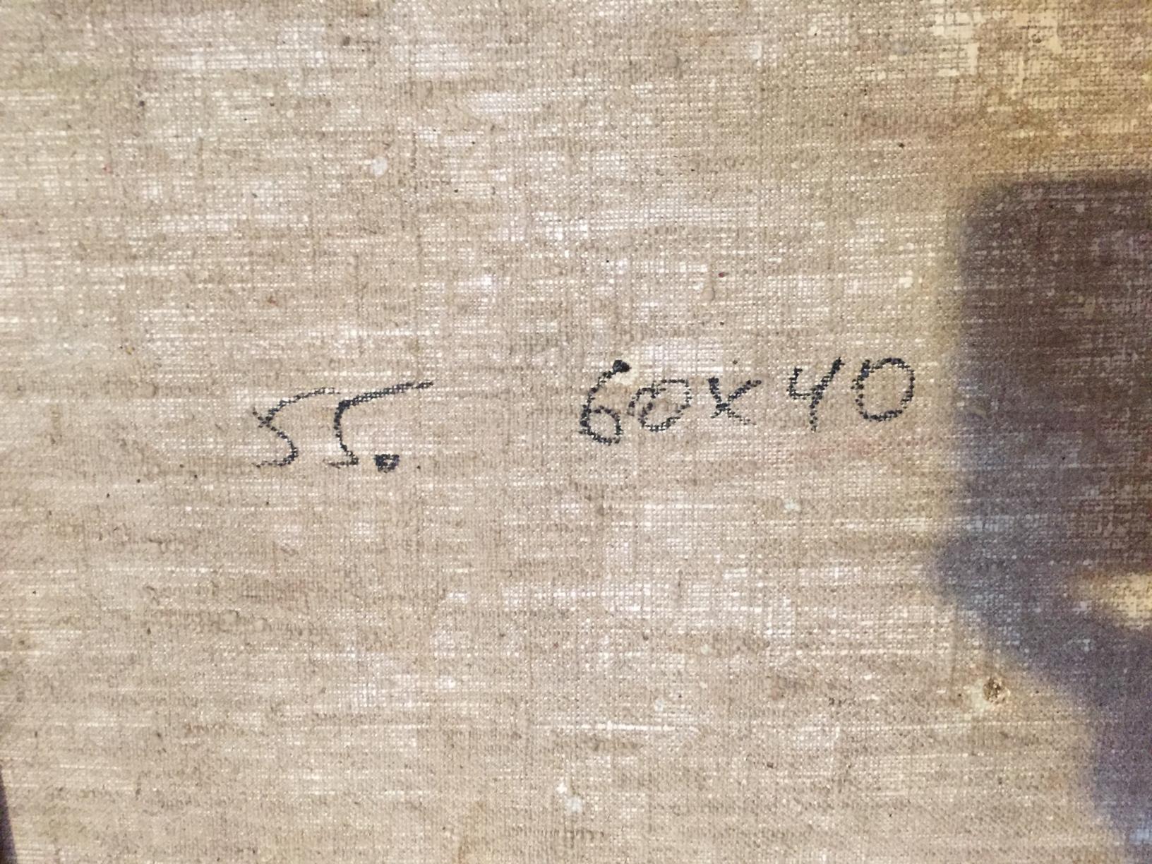 Back of Oil painting Warehouses: beige linen canvas with 55 markings