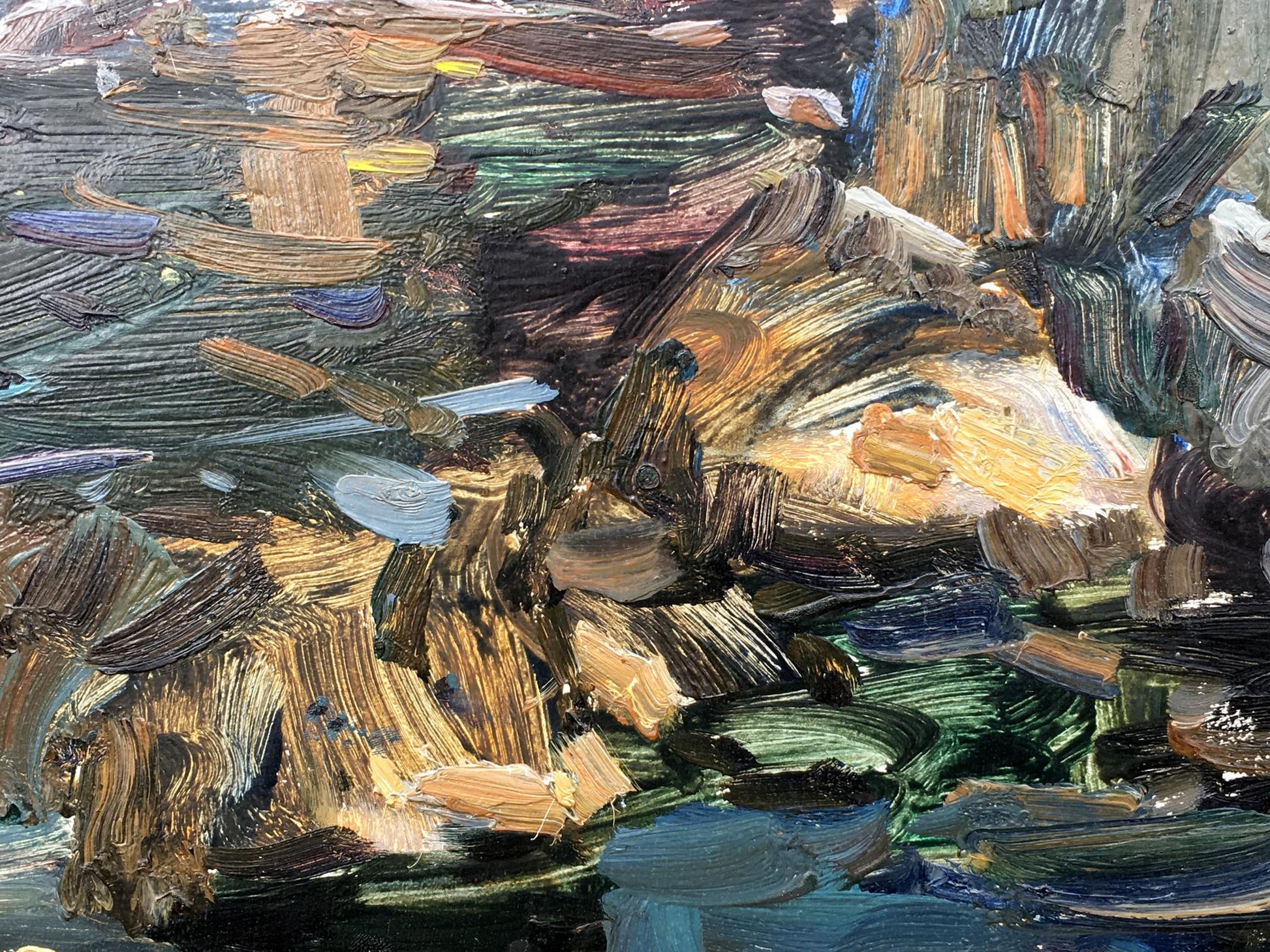Textured impasto oil painting of rocky shoreline by Fedor Zakharov Reeds