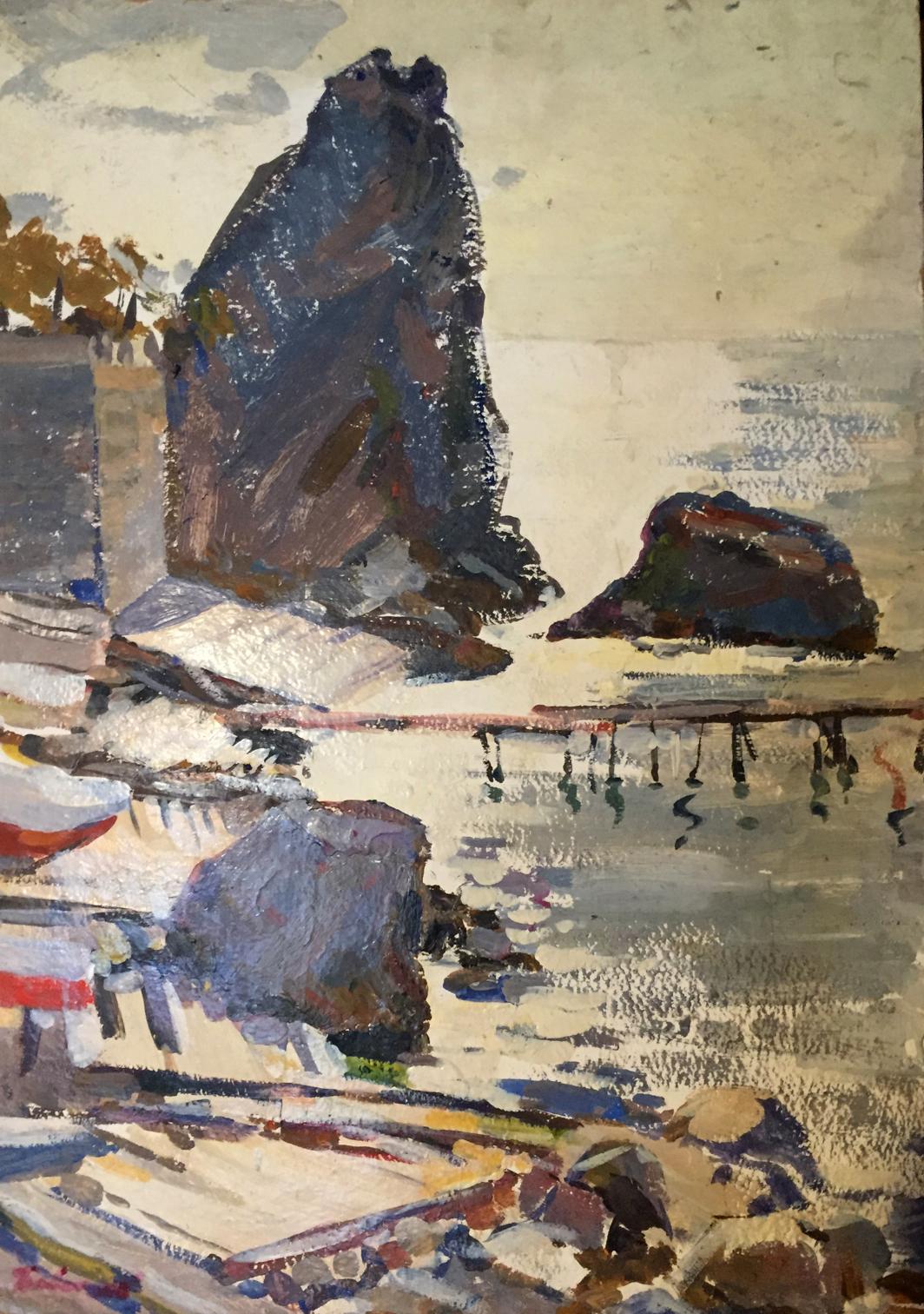 Impressionistic oil painting Its a nasty day: tall dark blue brown rocky coastal outcrop