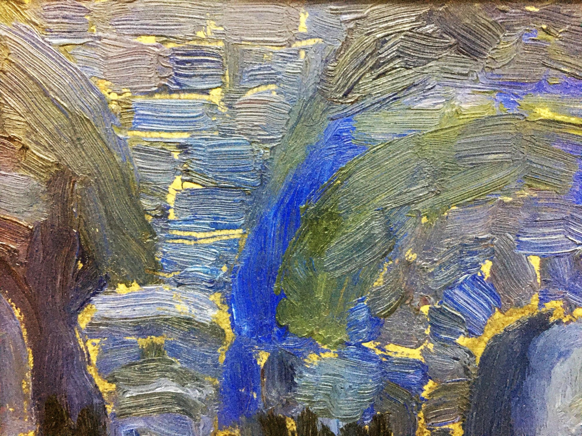 Oil painting Eros and Psyche by Volkov Nikolay in blue, green, yellow on gray brown
