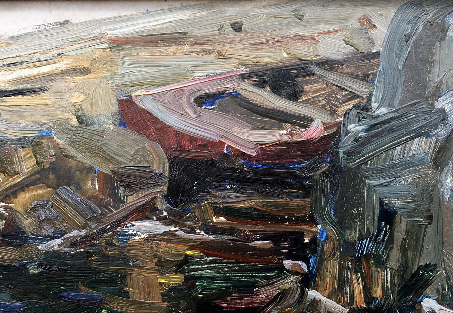 Oil painting Reeds by Zakharov Fedor Zakharovich, weathered red boat on coast