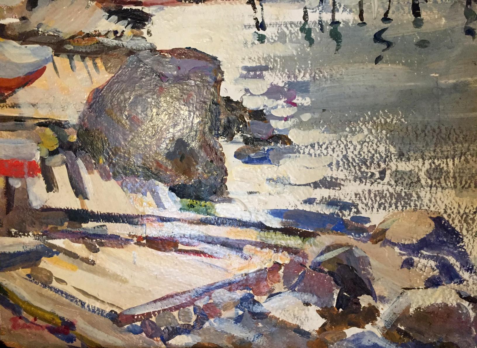 Oil painting Its a nasty day textured grayish-brown rock with brushstrokes