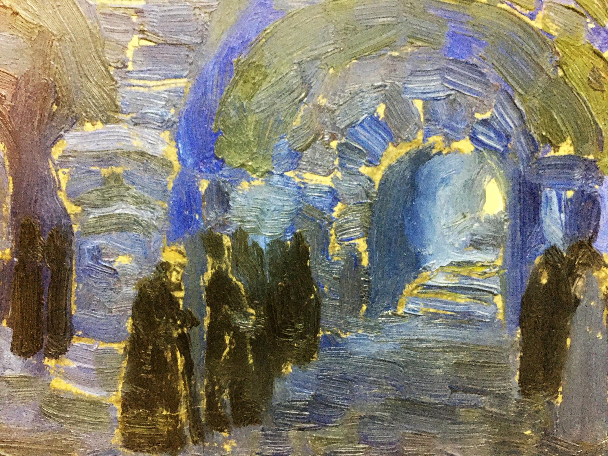 Oil painting Eros and Psyche by Volkov Nikolay, impressionistic figures in blues and yellows