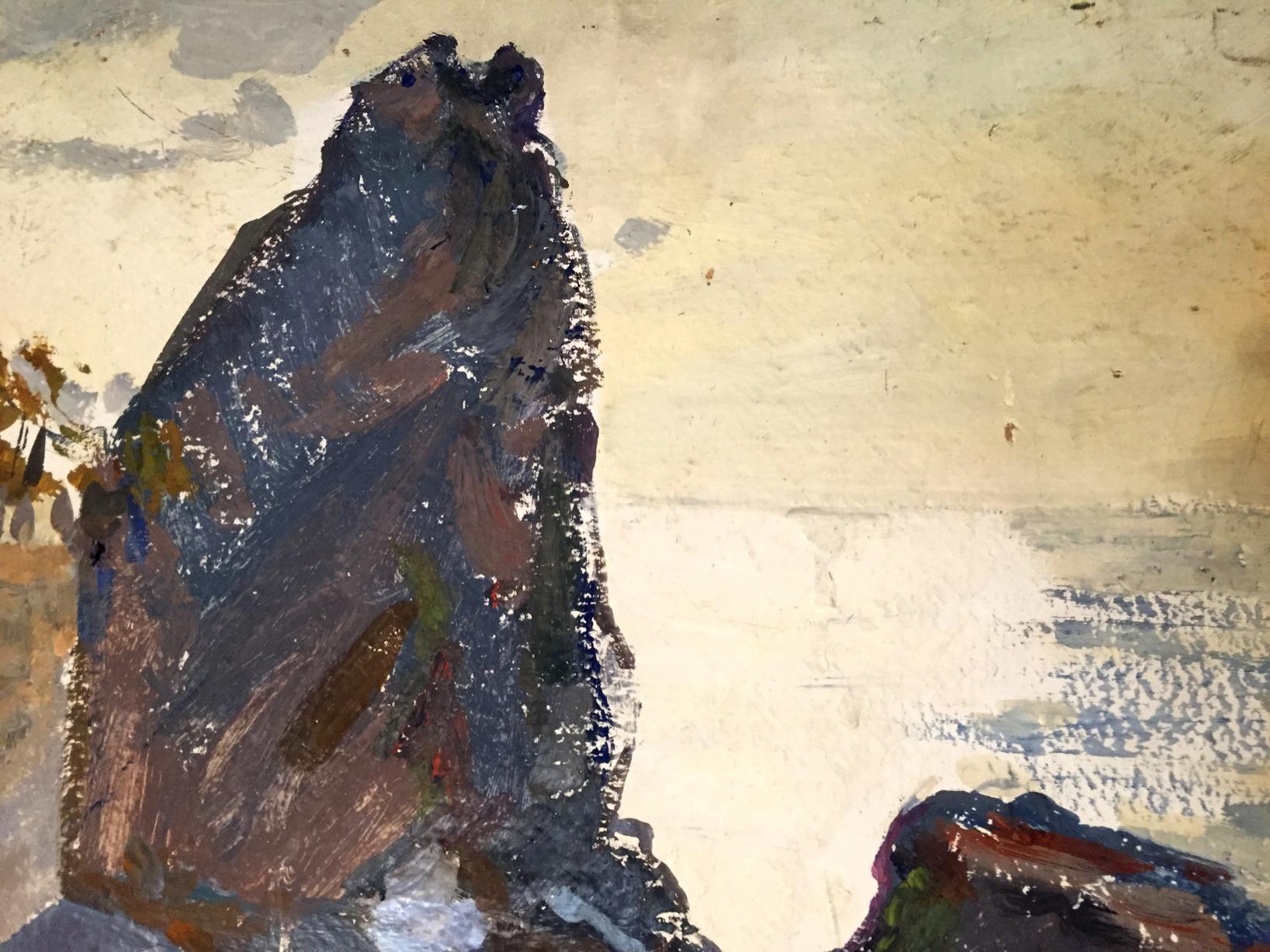 Oil painting Its a nasty day textured dark blue brown figure on beige