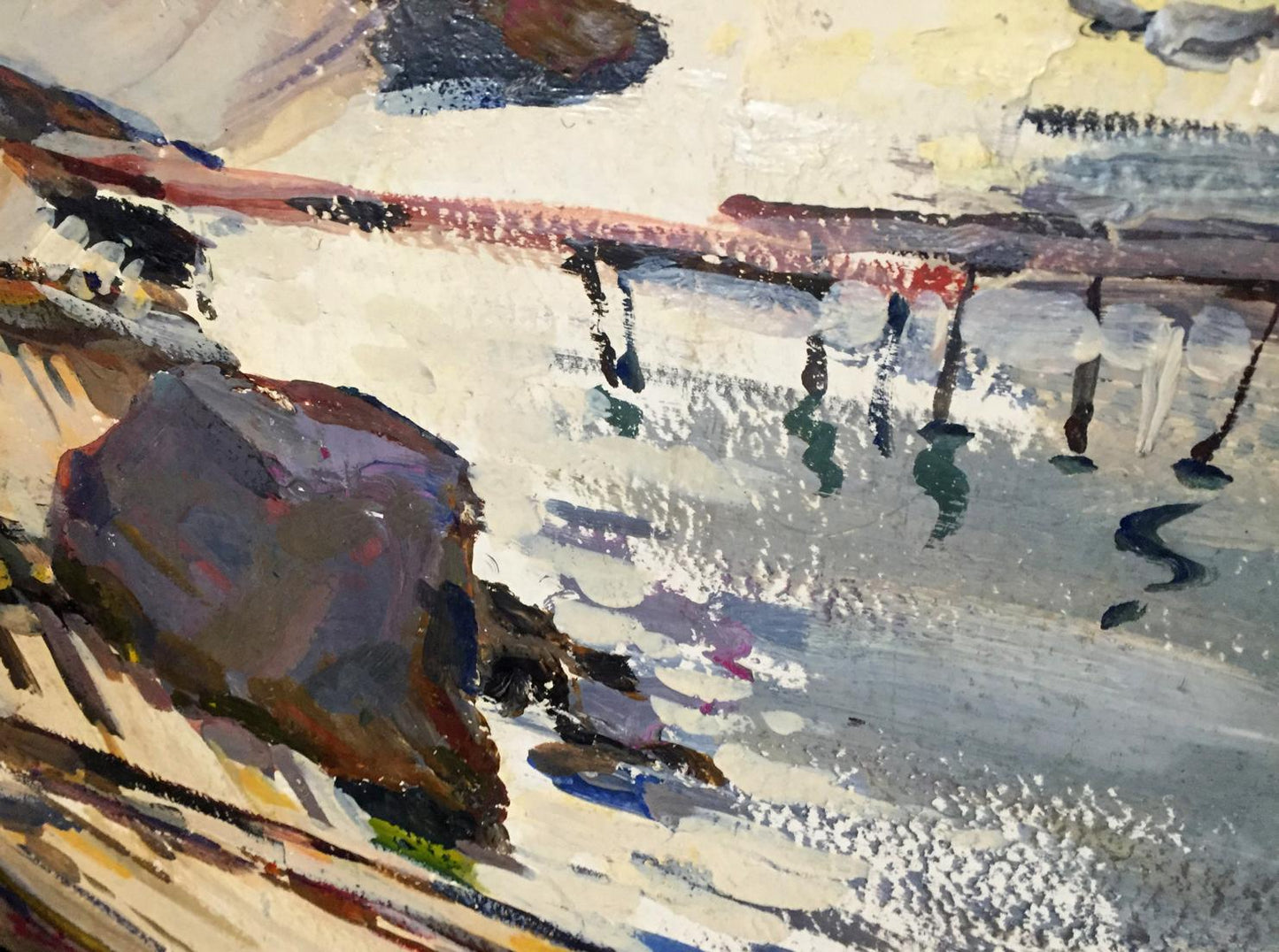 Oil painting Its a nasty day: textured rocky shoreline with pier