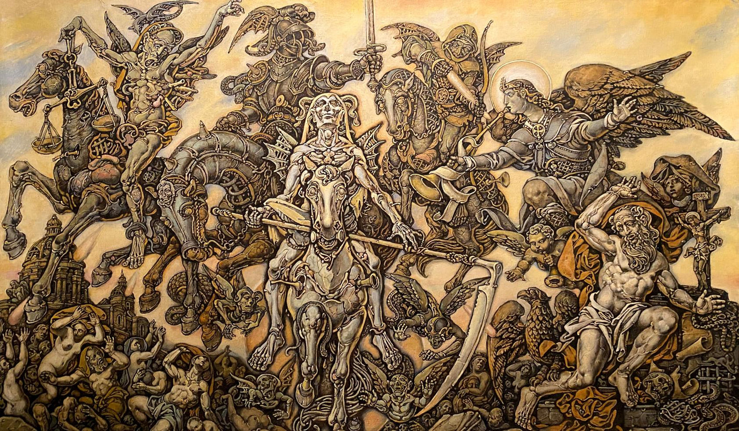 Sepia-toned oil painting Johns vision by Oleg Litvinov chaotic battle scene