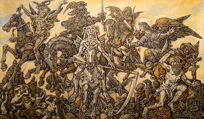 Sepia-toned oil painting Johns vision by Oleg Litvinov chaotic battle scene