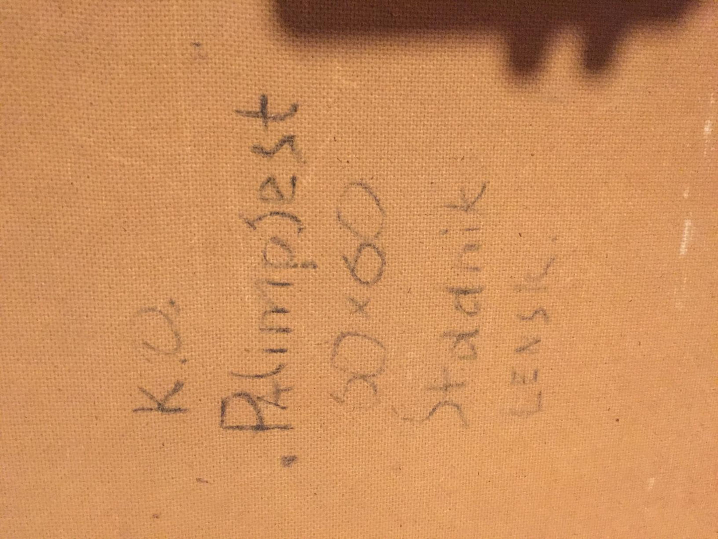 Handwritten label on beige canvas back of Palimpsest by Stadnik Vladimir