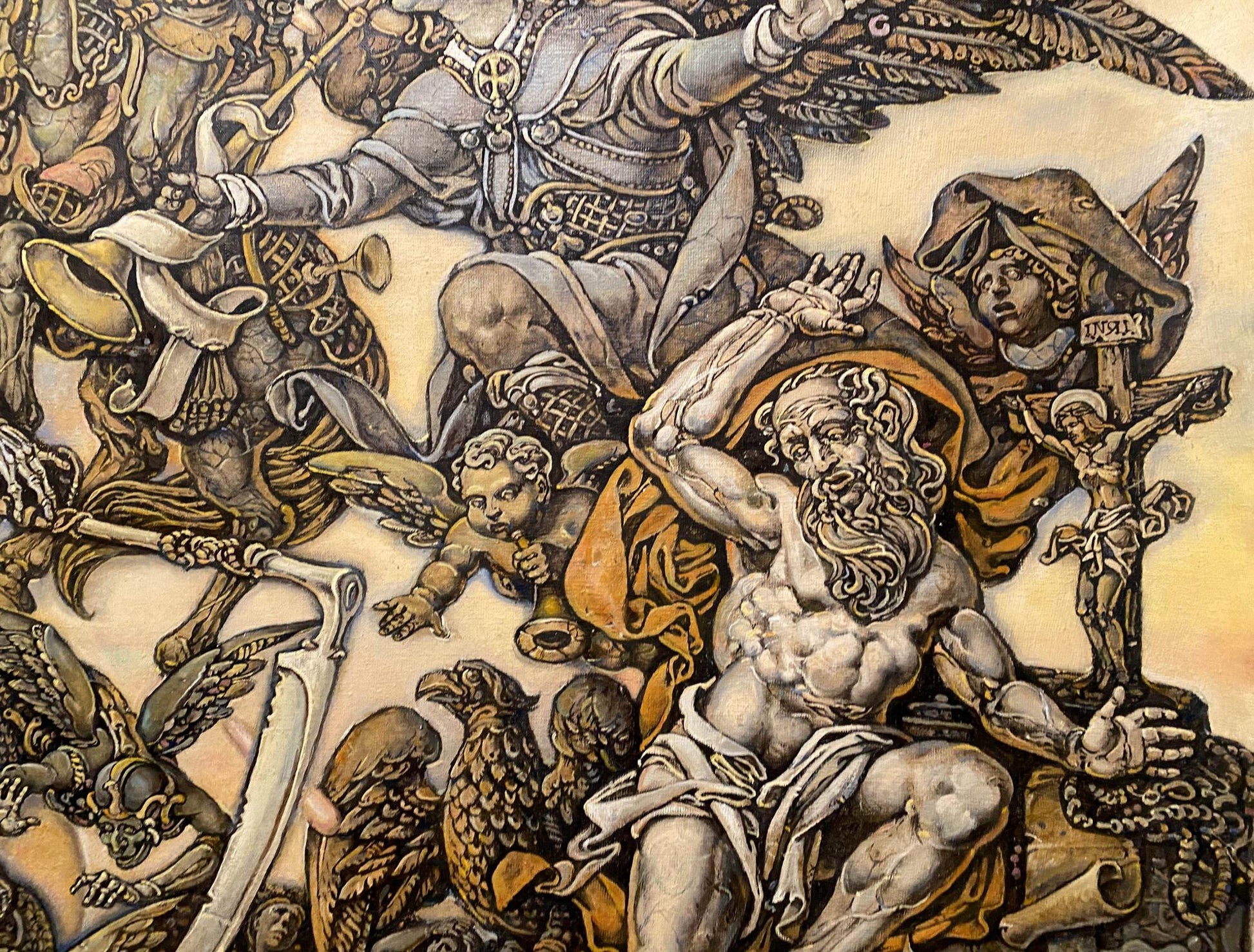 Johns vision oil painting by Oleg Litvinov: muscular saint with angels demons