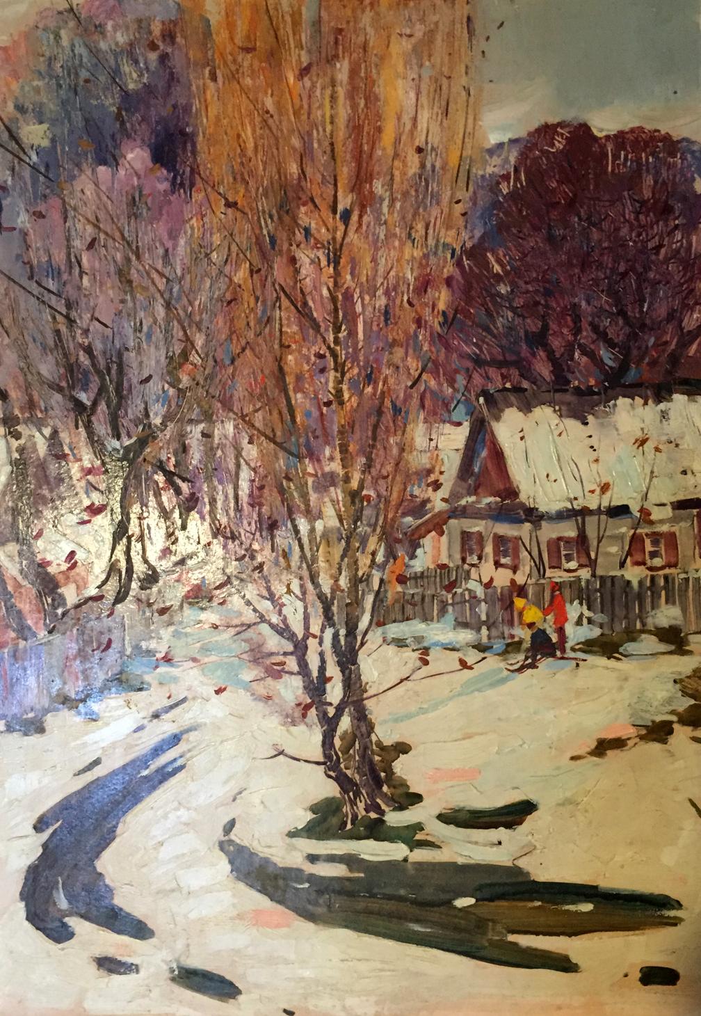 Oil painting First snow: impressionistic snowy village with autumn trees