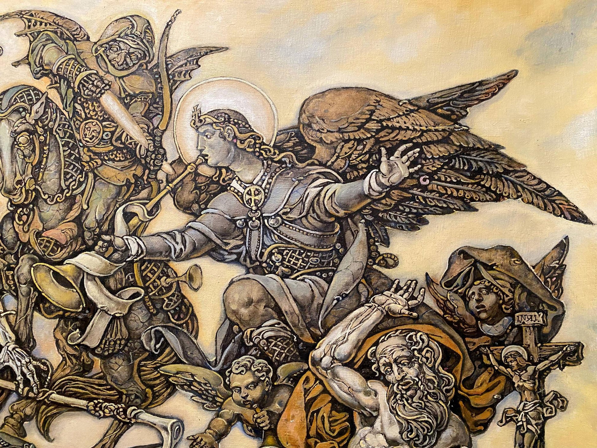 Sepia-toned oil painting of John’s vision by Oleg Litvinov with angelic figure