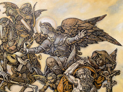 Sepia-toned oil painting of John’s vision by Oleg Litvinov with angelic figure