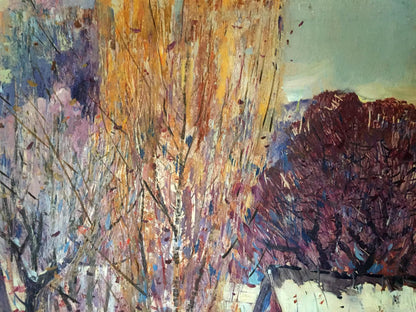 Oil painting First snow: abstract expressionist with ochre, purple brushstrokes