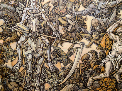 Skeletal warrior on horseback with scythe in battle, Oil painting John’s vision Oleg Litvinov