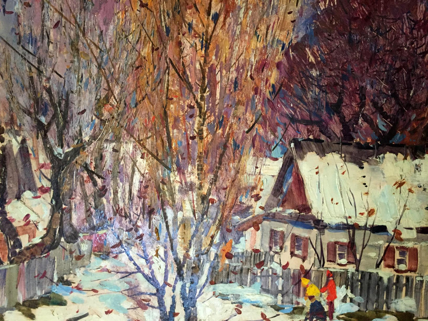 Oil painting First snow: snowy village in bold warm orange and purple strokes