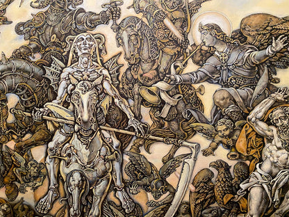 Skeletal figure on armored horse in John’s Vision oil painting by Oleg Litvinov