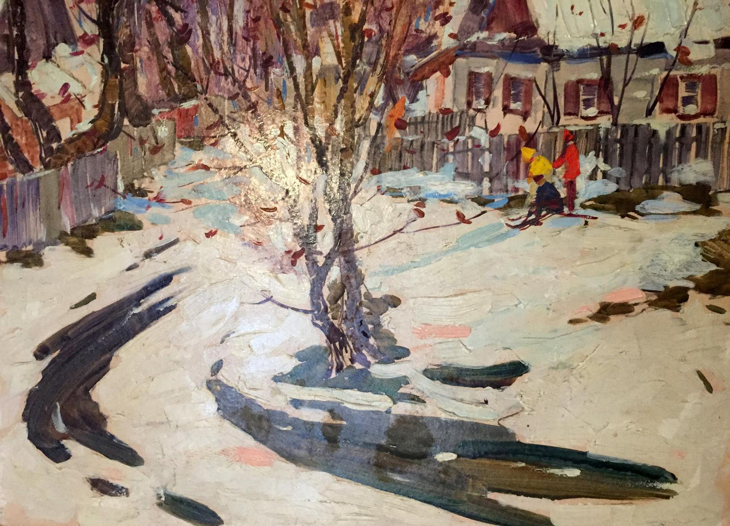 Oil painting First snow: vibrant winter scene with snow-covered ground, bare trees, houses