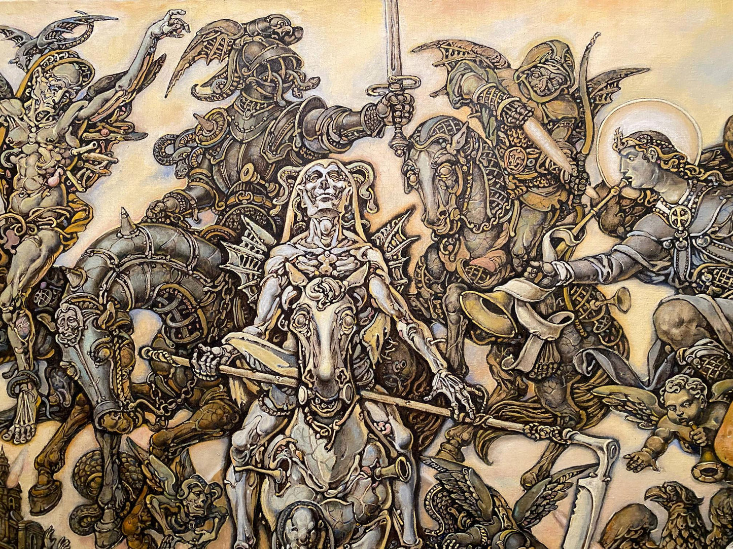 Monochromatic oil painting Johns vision by Oleg Litvinov battle scene
