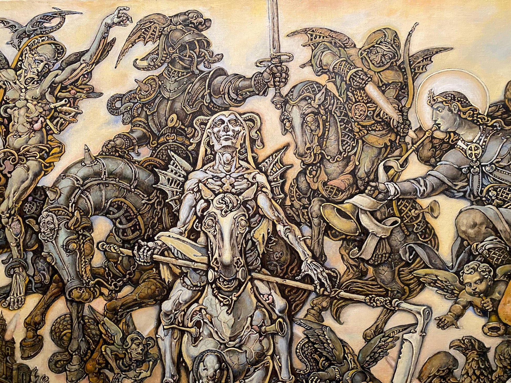 Monochromatic oil painting Johns vision by Oleg Litvinov battle scene
