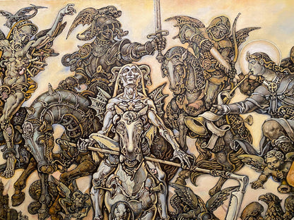 Monochromatic oil painting Johns vision by Oleg Litvinov battle scene