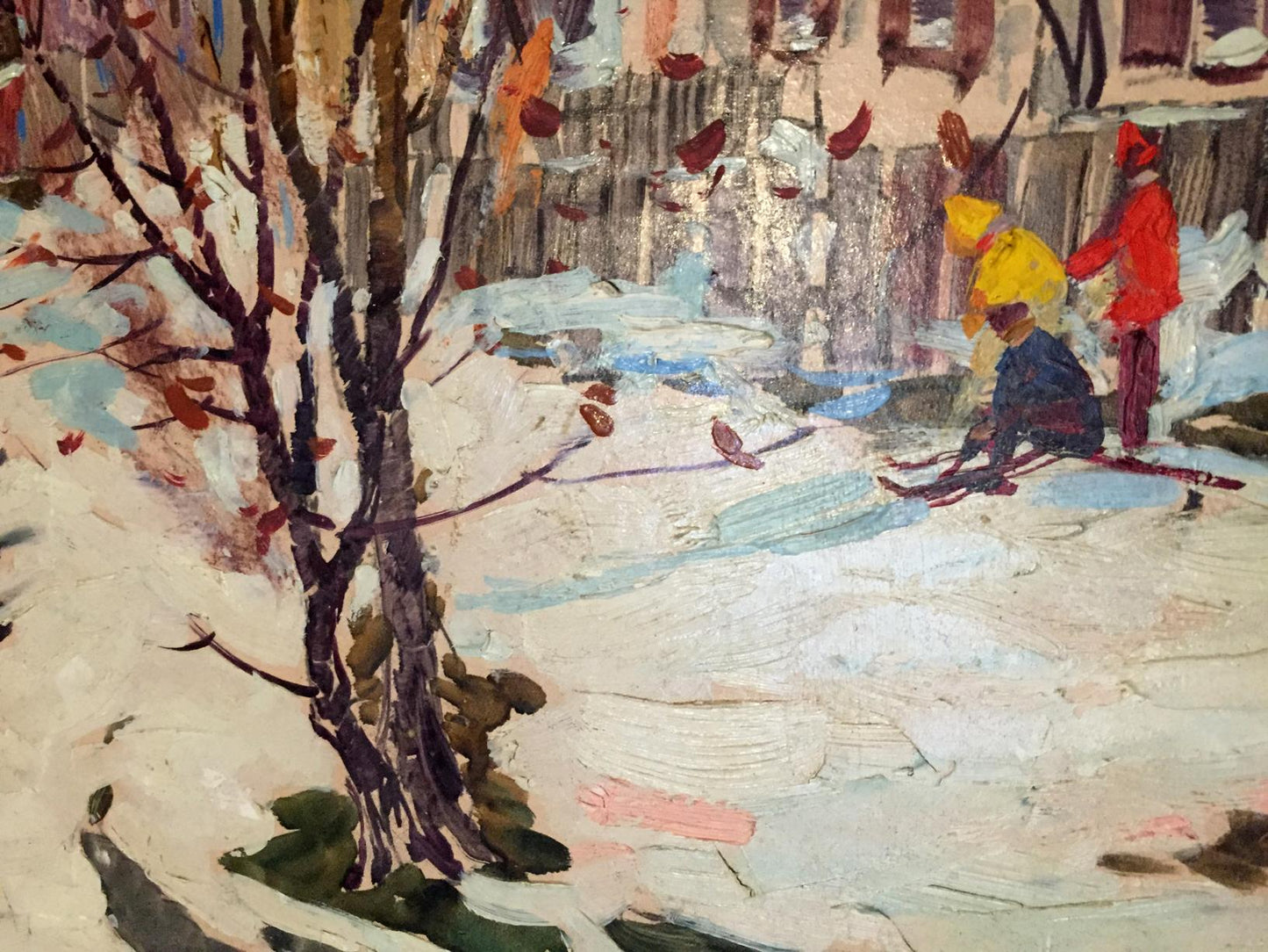 Oil painting First snow: impressionist kids in colorful coats on snowy street