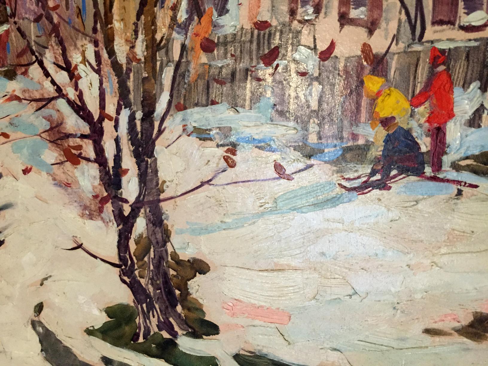 Oil painting First snow: impressionist kids in colorful coats on snowy street