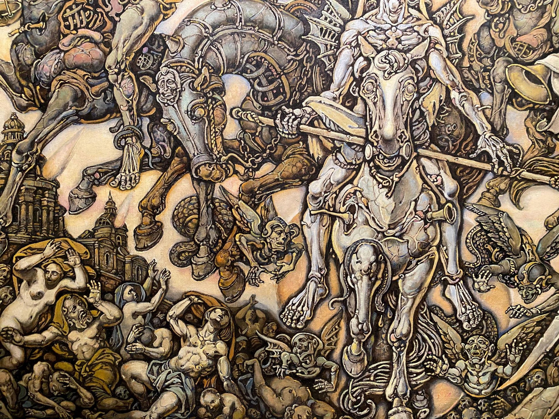 Oil painting Johns vision by Oleg Litvinov: skeletal figure on mechanical horse
