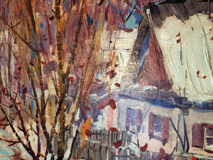 Oil painting First snow: impressionistic house with white walls, red shutters in autumn trees
