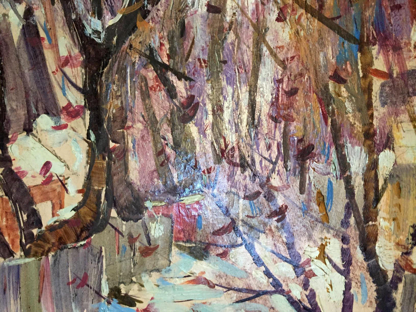 Abstract Oil Painting First Snow with purple pink blue brown brushstrokes