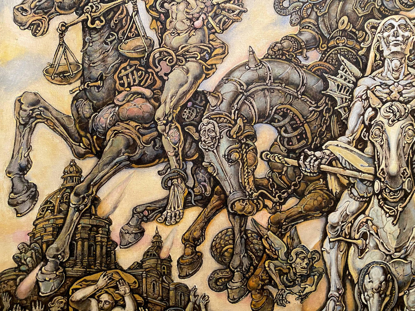 Surreal oil painting Johns vision by Oleg Litvinov: skeletal armored horse with rider holding scales