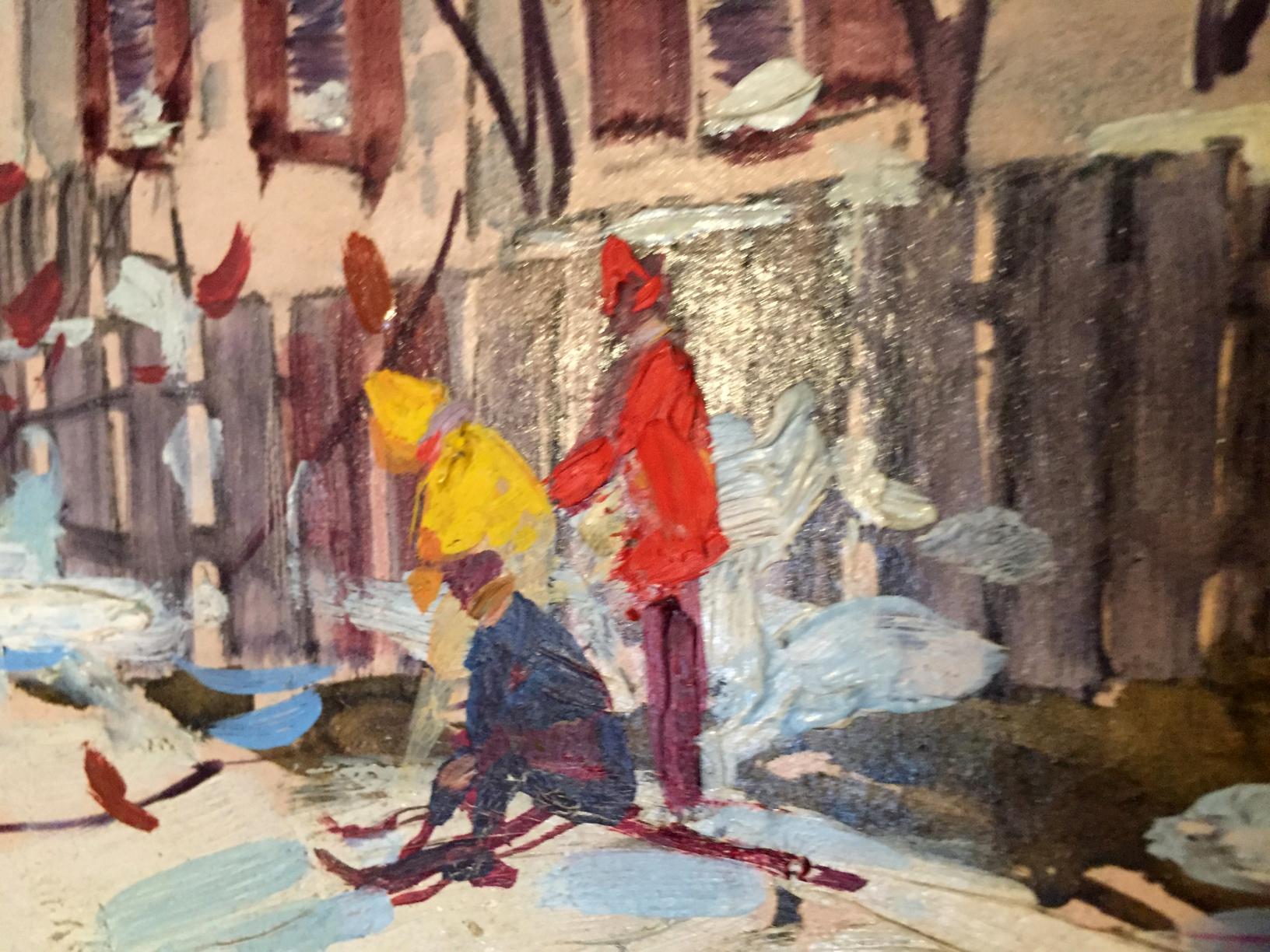 Oil painting First snow: vibrant red-yellow figure with impasto strokes on urban backdrop