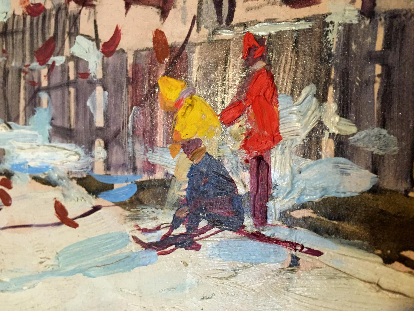 Oil painting First snow: vibrant impressionistic snowy scene with figures