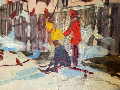 Oil painting First snow: vibrant impressionistic snowy scene with figures
