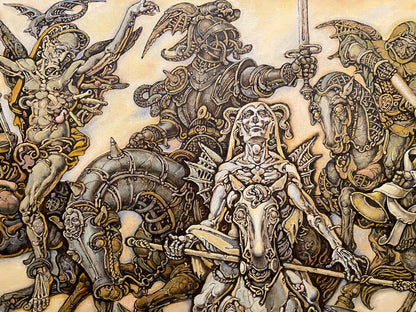 Oil painting John’s vision by Oleg Litvinov: chaotic battle of armored and skeletal warriors