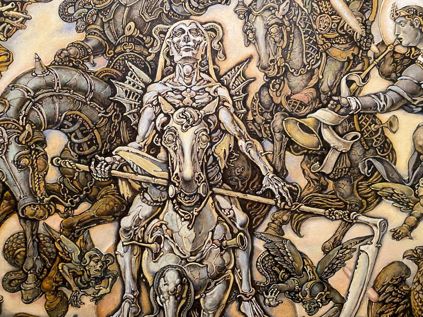 Detailed silver skeletal warrior on horse by Oleg Litvinov oil painting