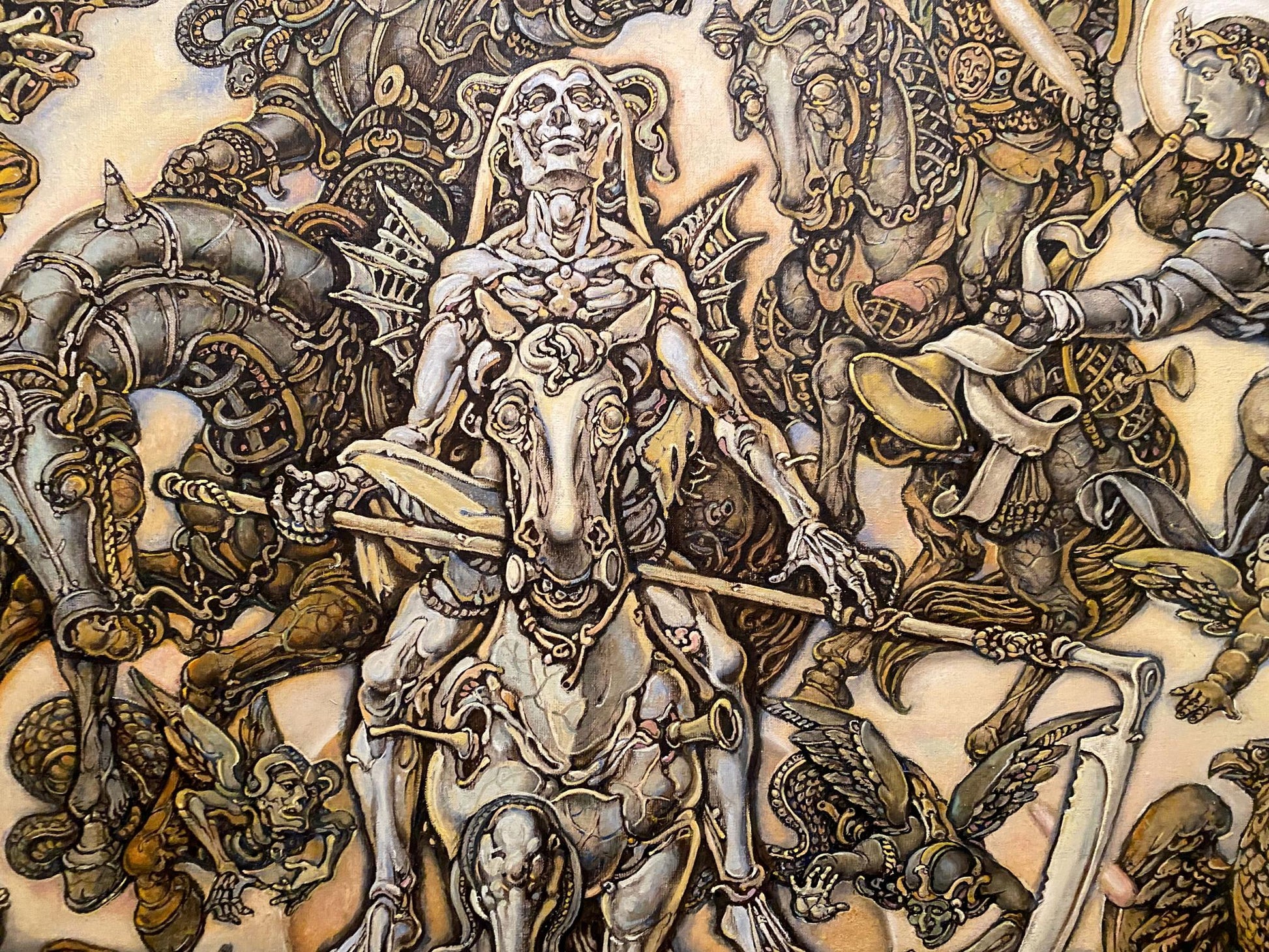 Detailed silver skeletal warrior on horse by Oleg Litvinov oil painting