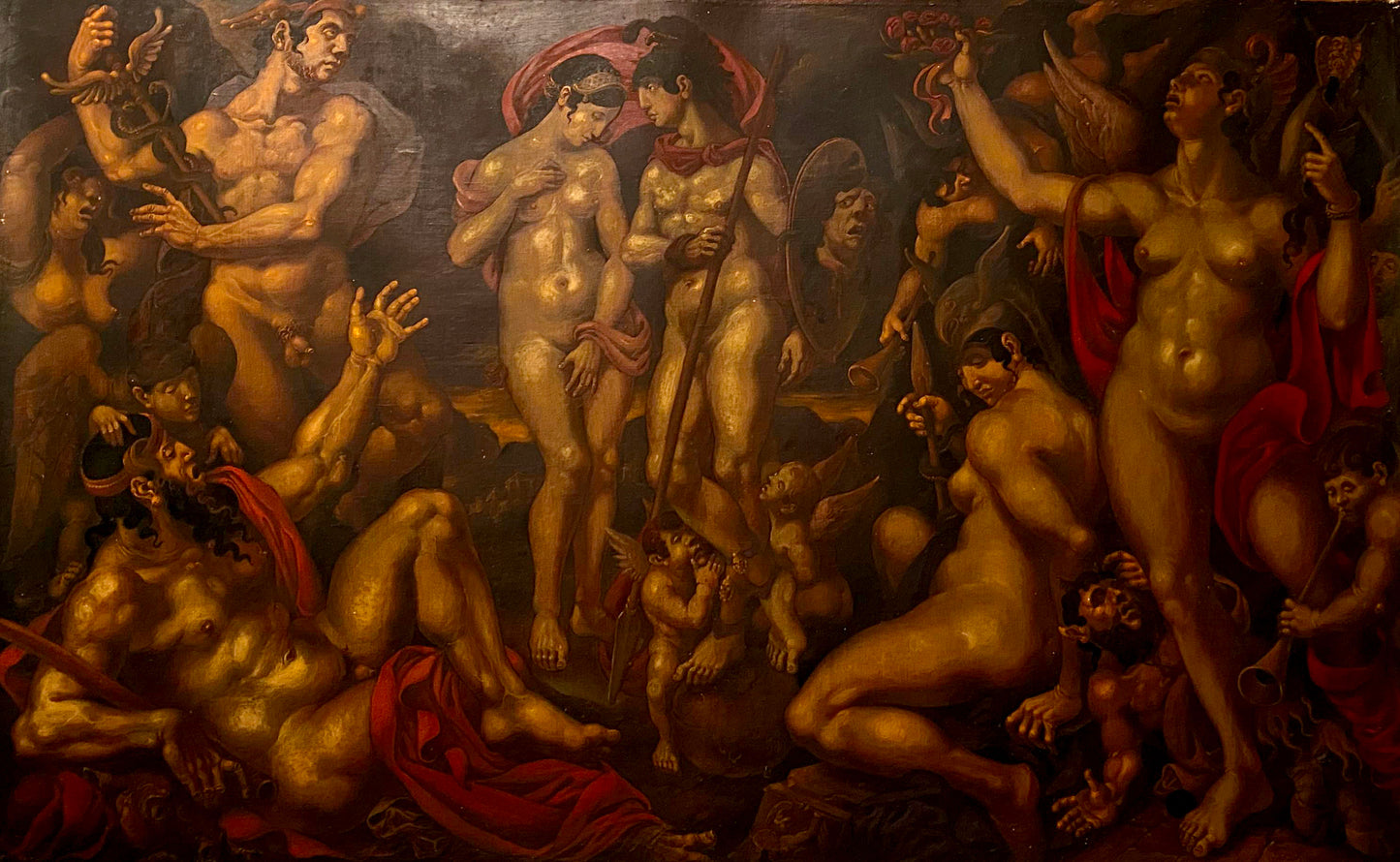 Oil painting Johns vision of the Theologian by Oleg Litvinov, nude figures chaos