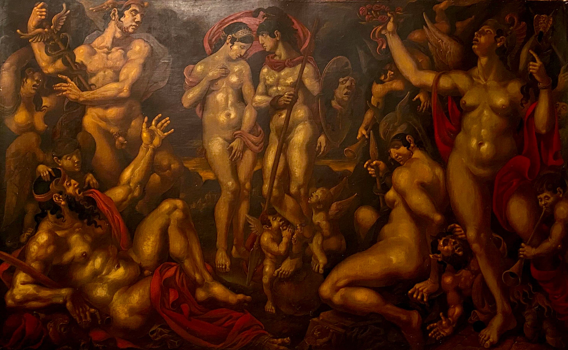Oil painting Johns vision of the Theologian by Oleg Litvinov, nude figures chaos