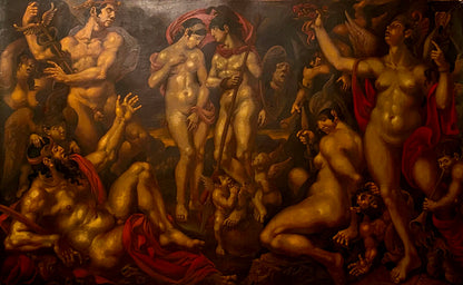 Oil painting Johns vision of the Theologian by Oleg Litvinov, nude figures chaos