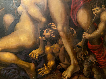 Muscular bearded demon with golden skin under nude figure in Oleg Litvinov oil painting