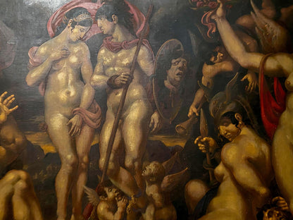 Oil painting by Oleg Litvinov: John’s vision of the Theologian, nude golden figures in pink drapery